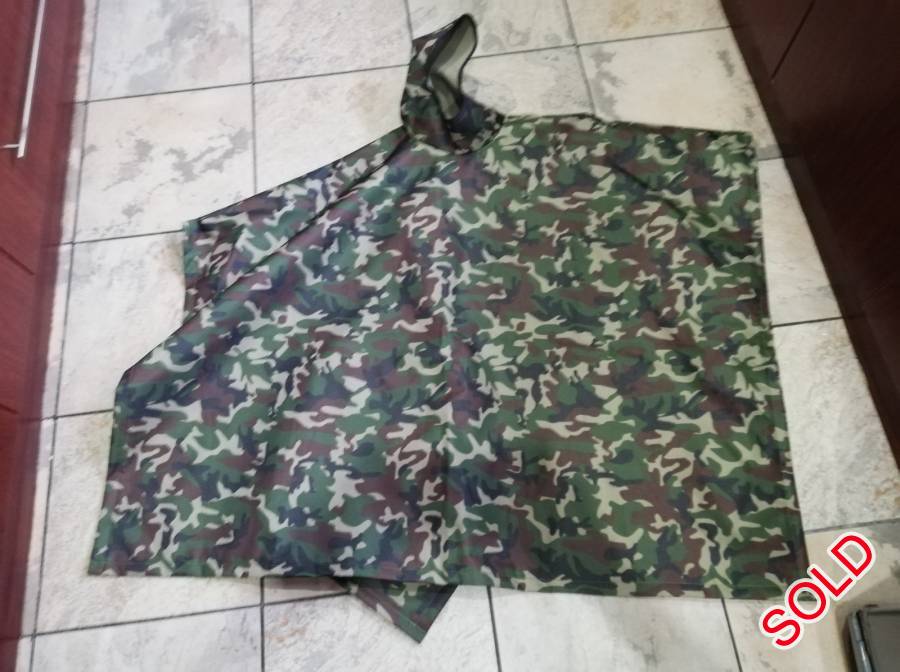 Camo waterproof poncho, Camo waterproof poncho,size large,brand new for sale at R350,unwanted gift
Courier cost for buyer
Contact Francois at 0849099317