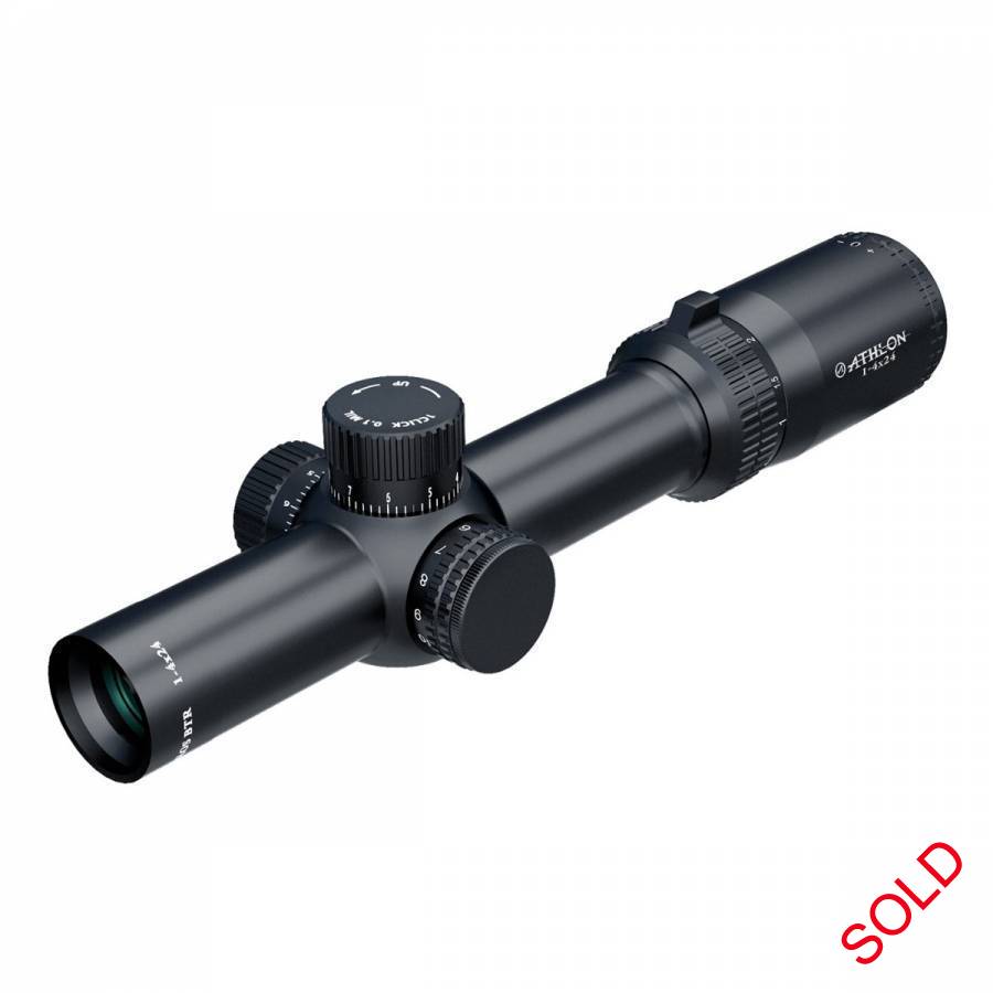Athlon Talos BTR 1-4x24 Tactical Scope, Brand new tactical scope comes with the Athlon Life Time Warranty. Can be couriered to any major town in SA for R99. 
Visit us on FACEBOOK @   facebook.com/OpticsRange