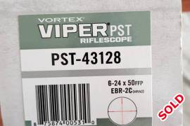 Vortex Viper-PST 6-24x50 FFP with rings, Only used it 2-3 times on the range.

This is the first focal plan version.
Illuminated reticle

I''l give the rings with the scope

I brought it from the US, it was retailing for R 24 000 or something at that time.