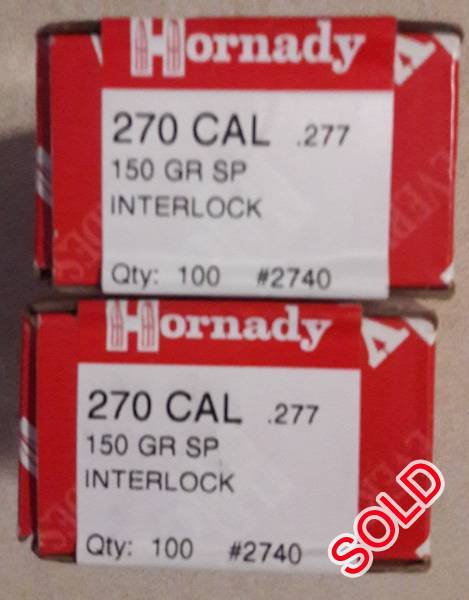 270 150gr Hornady Interlock SP, 2 sealed boxes of 270 150gr Hornady Interlock SP. Courier for buyers account. WhatsApp Attie at 083 three two eight 4317.