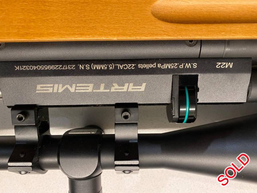 Artemis M22 .22 5.5mm PCP Rifle, scope, The SPA M22 is a very sturdy looking multi-shot PCP air rifle. The M22 is equipped with an integrated silencer, consistency valve, and an 11 rounds magazine. The nicely carved wooden stock is fully ambidextrous.
KEY FEATURES 



Item: M22
Caliber: 5.5 mm
Muzzle Velocity: +-1000fps @ 50 full-powered shots per fill!
Overall Length: 1140mm
Magazine: 11 shots
Safety: Yes
Stock: Wooden

Also selling Artemis p10 with scope, pump and accessories for R12000. Massive savings, happy to negotiate if both go together.

Reason for sale, other interests.

