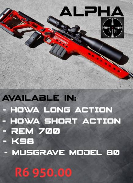 AIM Alpha Chassis , We are pleased to announce that the Aim Alpha Chassis is available in:
- REM 700
- REM 700 long action
- Howa short action
- Howa long action
- k98
- Musgrave mod 80

At the following price: R6 950.00 and includes
1× steel magazine
1× picatinny rail (for bipod)

The chassis system has the following features:
- adjustable cheek piece
- adjustable length- of-pull
- adjustable recoil pad (up and down)
- adjustable grip
- adjustable bag rider 
- M-lok slots for arca rail

For more information contact Werner on 082 644 3670