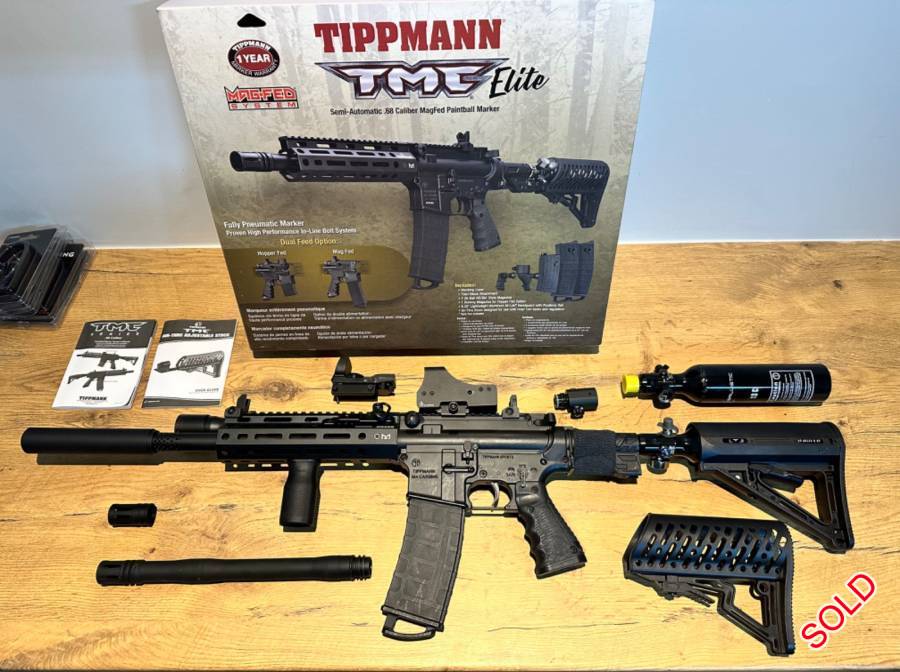 Tippmann TMC Elite (upgraded) for sale, Upgraded Tippmann TMC Elite marker and accessories for sale!

Like new (worth R 17k) and includes:

- Tippmann TMC Elite (Air-thru stock) & 2x magazines
- 2x Ballistic HPA 13ci tanks
- Killhouse HeadHunter 14” barrel
- Imported MCS buttstock
- Imported Reaper suppressor
- Air rifle red dot (small)
- On/off valve

Will include the UTG red dot sight as a bonus.

Does not include:

- Flashlight mount w/ flashlight
- Front sling mount
- Magpul MVG foregrip

Shipping for buyer’s account.
