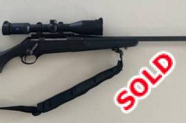Haenel 6,5 x 55, Beautiful light rifle with no recoil and quite.
However she punches hard knocking down Gemsbok Springbok and warthog.
The rifle comes with a Zeiss Duralyt Scope 3-10x 50 and a silencer. If required dies are available for reloading.