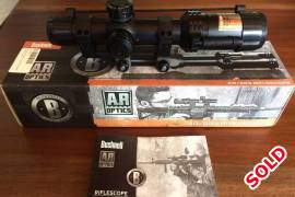 Bushnell AR Optic sale, Bushnell AR Optic, 1-4 x 24mm illuminated AR Optic, model BTR-1 with TDP (Throw Down PCL) For sale R4500. See pics for details. One piece mount also for sale R1000. I can post anywhere in South Africa via Postnet, postage included in asking price. Please contact me (Stuart) via email or phone.