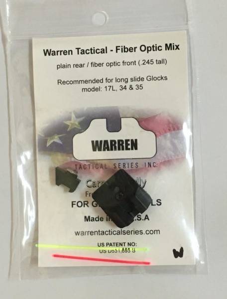 Warren Tactical sights for long slide Glock, Brand new Warren Tactical Fibre front, black rear sight set for Long Slide Glocks.  Fits 17L, 34 and 35.
 
