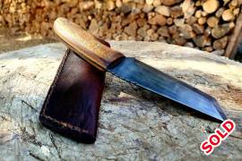 Handmade Carbon Steel Tanto , Handmade full tang carbon steel tanto with Rhodesian Teak handles. Heat treated to 57-59 Rockwell. 208 mm total length with a 98 mm blade. Hand sharpened and leather stropped to a razors edge. Includes hand stitched leather sheath.