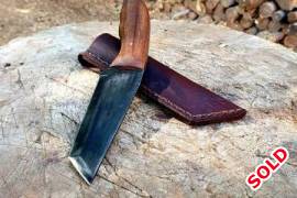 Handmade Carbon Steel Tanto , Handmade full tang carbon steel tanto with Rhodesian Teak handles. Heat treated to 57-59 Rockwell. 208 mm total length with a 98 mm blade. Hand sharpened and leather stropped to a razors edge. Includes hand stitched leather sheath.