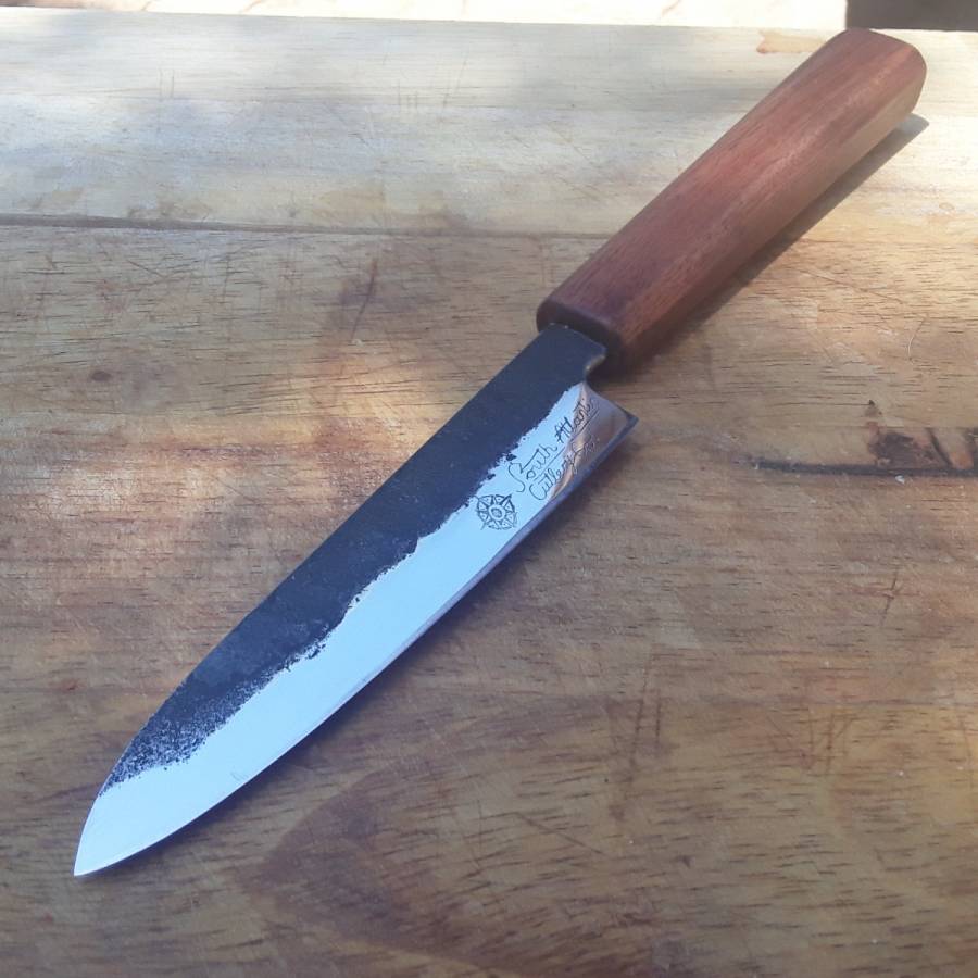120mm Cabon Steel Petty Knife, Beautyfully hand forged 120mm petty knife with a 135mm African Rosewood handle. kurouchi finish on spine with a mirror polish edge