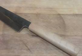 170mm Honyaki Santoku, 170mm Honyaki Santoku. Hand forged from High Carbon steel. 170mm blede length. Curly maple handle