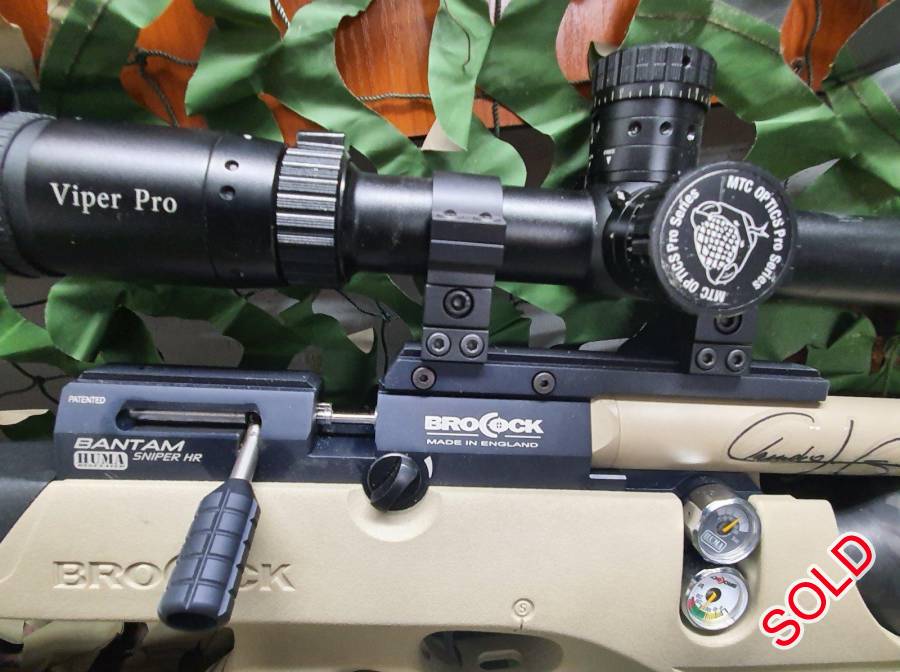 Bocock Sniper Patagonia, This gun is 4 months old. It comes wiyh silencr, single loader and 2 mags.
MTC Viper Pro 5-30x50 scope on. This gun shoots more than 70 shots on a fill before you get any pellet drop. Shoots the FX Hybrid slugs one hole at 50m. This gun is spotless 