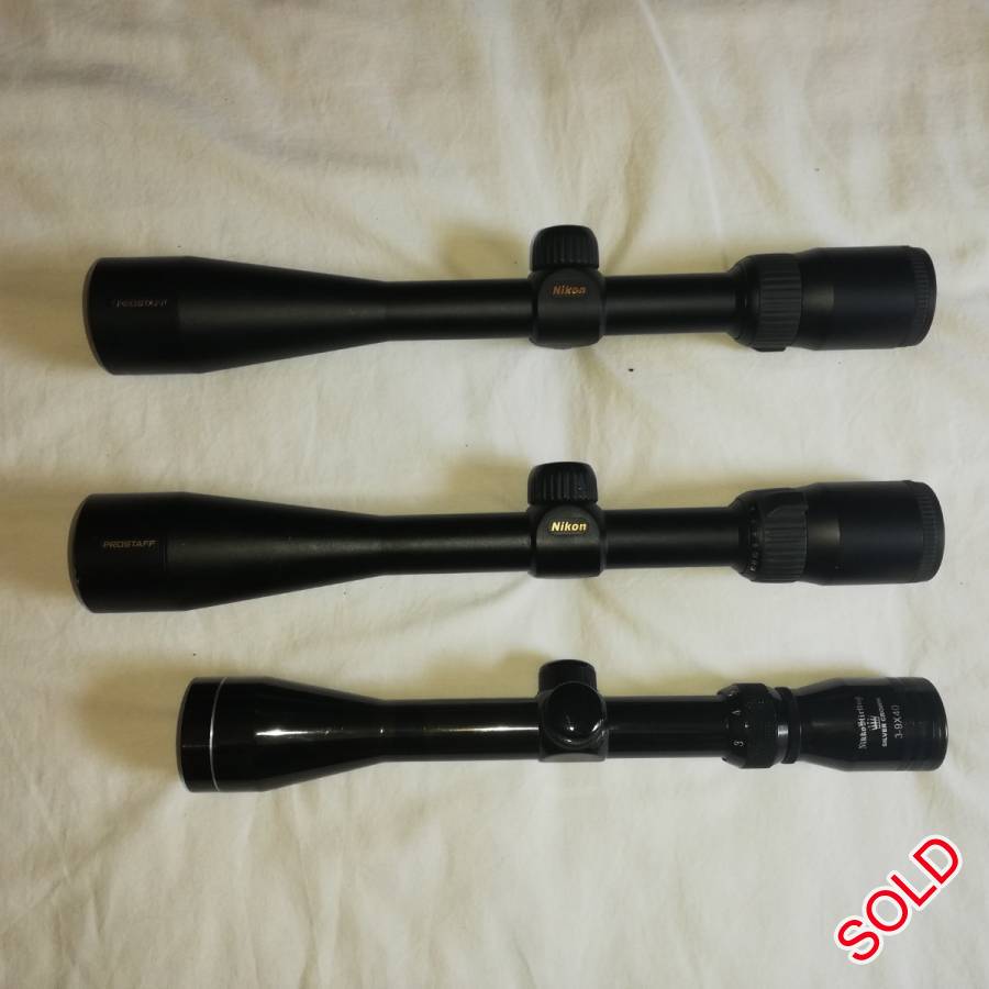 Nikon prostaff 4-12x40 , 2 x Nikon Prostaff4-12x40 R2000 each
1 x Nikko stirling 3-9x40 R500 
Courier cost for buyers account 
Whattsapp or call for more info and pics Stephen 0828516548 
 