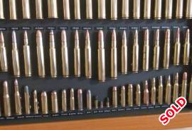 63 Classic rifle calibers in a frame, 63 Classic rifle calibers in a frame, 63x Deactivated classic cartridge collection. Including  the much loved 22 BB cap  and monsters like 458 Win, 416 Rigby and a Kynoch 470 Nitro. I have a full list if you cant read the photos. No permit required. Perfect for a mancave/reloading room. You wont sommer find another, unless I made it. R3995. Trevor Kensington
