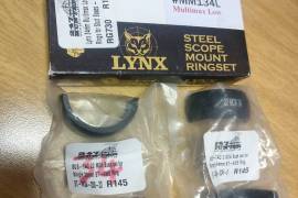 LYNX 34mm Low stud rings, Two sets of rings, the Multimax is brand new, never used. The other set was fitted but never used, the scope was mounted on another rifle with a rail.

LYNX Multimax 34mm low with 20MOA inserts stud rings R500

LYNX 34mm low stud rings R350

Can be sent with paxi @ R60

Whatsapp Nico: 073 789 1069