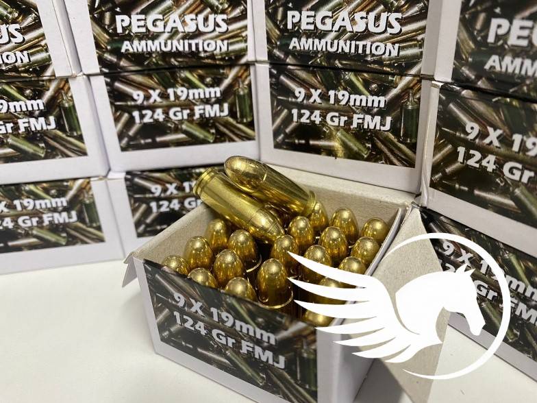 Bulk 9x19mm 124 grain FMJ Pegasus Factory Ammo, Bulk 9x19mm 124 grain FMJ Pegasus ammo direct from the factory.
Good quality locally manufactured ammo. Great value for money.
These are not reloads.
Competitive courier fee can be arranged for buyers account.