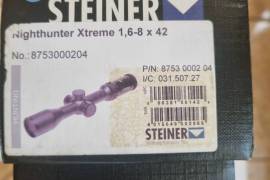 Steiner , Greetings all I have two steiner nighthunter xtreme 1.6-8x42 scopes for sale.
One of these scopes is brand,brand new and i am letting go for 15,000 whilst the other one has been used twice by my father when sighting in his rifle and once infield when hunting and has clear ring mount marks.
