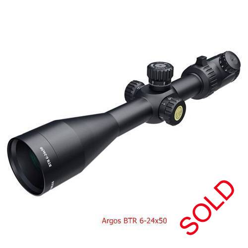 ATHLON ARGOS BTR Gen2 6-24x50 FFP IR MIL  SCOPE , Brand New Argos BTR Gen2 First Focal Plane Rifle Scope with APMR Mil reticle and comes with precision zero stop and the Athlon Life Time Warranty. Can be couriered to any major town in SA for R99. 
 
