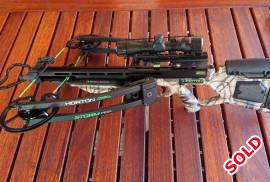Horton Storm RDX Crossbow Package for Sale, Horton Storm RDX Crossbow Package for Sale. Comes with the Horton 4X32 Scope (non-illuminated), Horton 3 arrow quiver, Horton Universal Soft Carry Case, DeddSled 50 Rope Cocker and 3 400-grain carbon arrows with 100-grain practice points. (Note that the fleching on one arrow is damaged). The Crossbow is in mint condition and a top of the range Crossbow, not to be missed. Shoots up to 370 FPS / 122 FP KE (with 400-grain arrows) Call or WhatsApp 0763364500
