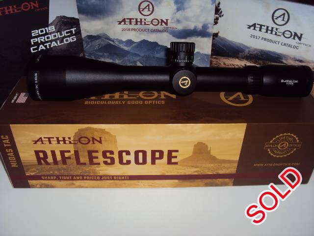 ATHLON MIDAS TAC 5-25X56 FFP Mil RIFLE SCOPE, Brand new, Comes with the Athlon Life Time Warranty. Optics Range - reseller of Athlon Optics in SA. Scopes can be insured couriered to any town in SA for R99. Visit us on FACEBOOK (facebook.com/opticsrange)