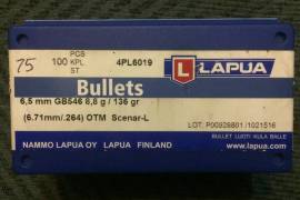 Brand New Bullets, 75x Brand New Lapua 6.5mm 136gr Scenar-L. Long Range Match bullets for R450.00.
