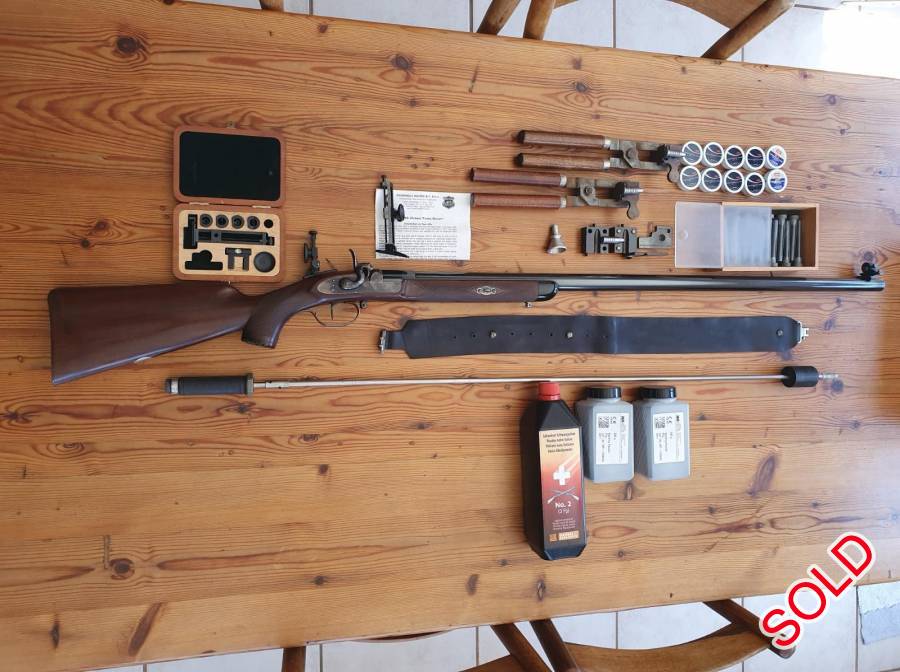 .451 Pedersoli Target Rifle Excellent Condition,                                            BLACK FRIDAY SPECIAL!!!!
.451 Gibbs with 11 degree barrel crown  and free floating in excellent condition, with the following extras;
1. Aluminium gun case
2.550 g Mould x 1 Brooks New Apostell
3.490 g Mould x 1 Neumann
4.500 g Mould x Neumann 
5. Complete set of Neumann sights
6. 1 x Set of USA 446 Gibbs Tang sight
7. Stainless Steel ramrod 
8. 10 off Beryllium Nipples
9. Nipple Spanner
10. Shooting Jacket No. 46
11. Powder funnel and holder.
12. Shooting mat.
 