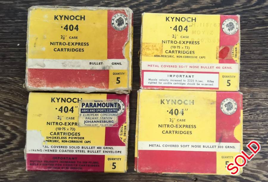 Kynoch .404 ammo, Vintage .404 Jeffery ammo for sale.  Shoots perfect to point of aim in ,404 Jeffery rifle. 35 (7 boxes) x solid cartridges and 35 (7 boxes) x soft nosed cartridges.