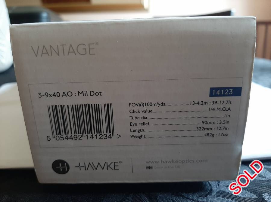 Hawke Vantage Air/rifle scope, Scope sold with rings and base suitable for .22 grooves. Have used it for 4 years.
Mildot reticle, 11 mils horizontal and vertical. Parallax adjustable.
Clear glass.  Selling as I have upgraded.