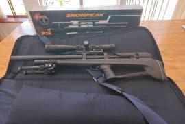 Snowpeak P35 .22, P35 [.22] rifle obtained in May 2022, in excellent condition [like new with rifle box]
Custom designed & manufactured rifle bag 
Custom made silencer & bi-pod barrel clamp [by Airgunworx]
Additional magazine 
User manual and accessories [eg: fill probe, allan keys, pellets & seals]
R12300.00 negotiable [Total package value  in excess of R14000.00]
Scope, mount & bi-pod not included
Rifle shoots 18mm groups at 40m [Patriot indoor range]
Reason for selling - have opportunity to purchase an FX air rifle

 