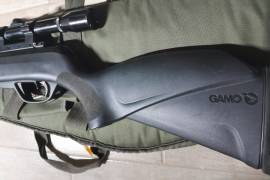 Gamo blackbull air rifle 4.5 cal, Gamo blackbull 4.5 cal .
Shoots 8.44 grain up to 1250fps.
It has a bunch of videos about it on youtube. 
Is a great air rifle for small to even big game hunting  .