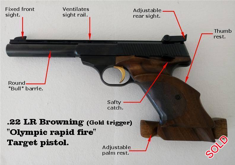 Pistols, Target Pistols, Browning Gold trigger - round barrel, Browning, Gold trigger, .22 LR, Good, South Africa, Gauteng, Roodepoort