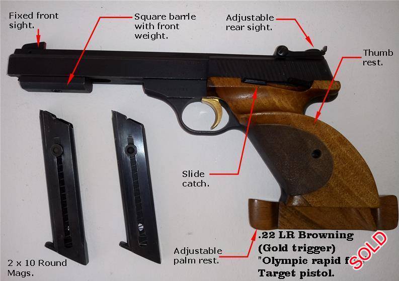 Pistols, Target Pistols, Browning Gold trigger - square barrel, Browning, Gold trigger, .22 LR, Good, South Africa, Gauteng, Roodepoort