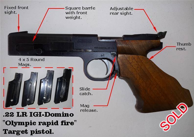 Pistols, Target Pistols, I GI Domino Olympic rapid-fire pistol, IGI Domino, SP 602 - Olympic rapid-fire pistol., .22 LR, Good, South Africa, Gauteng, Roodepoort