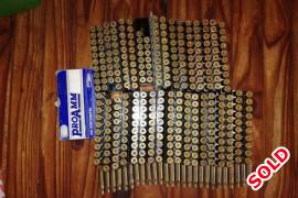 .308 & .458, 344 xPmp cases deprimed resized and wet tumbled R344
26x cases primed (Cci200) R26
150gr bullets
30x Nosler b-tips R200
70 xImpala R210
100x pmp 143gr fmj R300
1x Lee collet die set R250
1x Lee bullet seating die R100
2x Lee crimping dies R100
10x .458 500gr DGS Hornady factory Ammunition R500
Please Whattsup  for more info and pics 0828516548