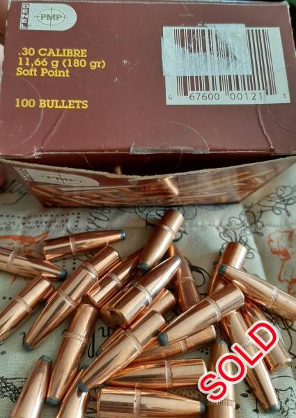 PMP Bullet heads for .30 cal, 117 x 180gr PMP bullet heads for .30cal.
Contact Hennie at 082 809b4810