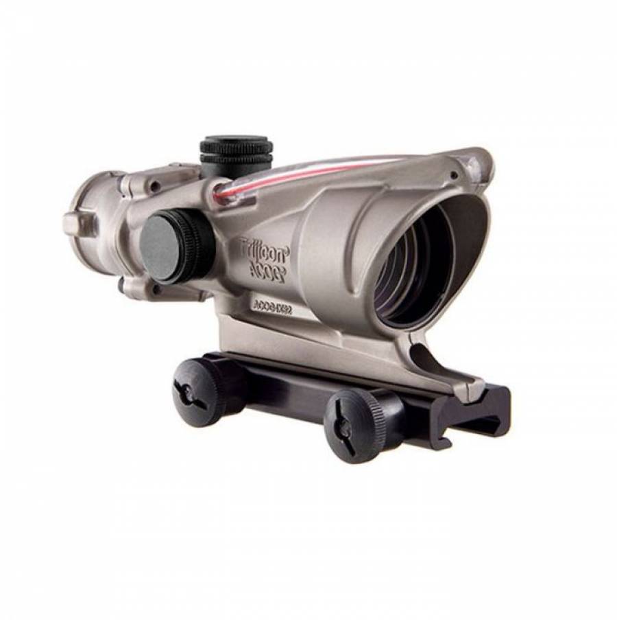 Trijicon Scope - 4x32 - ACOG Dual Illuminated Red , Trijicon Scope - 4x32 - ACOG Dual Illuminated Red Chevron .223 Ballistic Reticle
Specifications
Magnification     4x
Objective Size     32mm
Bullet Drop Compensator     Yes
Weight     

9.9oz (with mount and ARD)
Illumination Source     Fiber Optics & Tritium
Reticle Pattern     Chevron
Day Reticle Colour     Red
Night Reticle Colour     Red
Calibration     0.223
Eye Relief     1.5in
Exit Pupil     8mm
Field of View     7º
Field of View @ 100 yards     36.8 ft.
Adjustment @ 100 yards     2 clicks/in

Includes
1 Flattop Mount (TA51)
1 4x32 Scopecoat (TA64)
1 LENSPEN (TA56)
1 Lanyard Assembly for Adjuster Caps (TA71E)
1 Trijicon Logo Sticker (PR15)
1 ACOG Manual
1 Warranty Card
