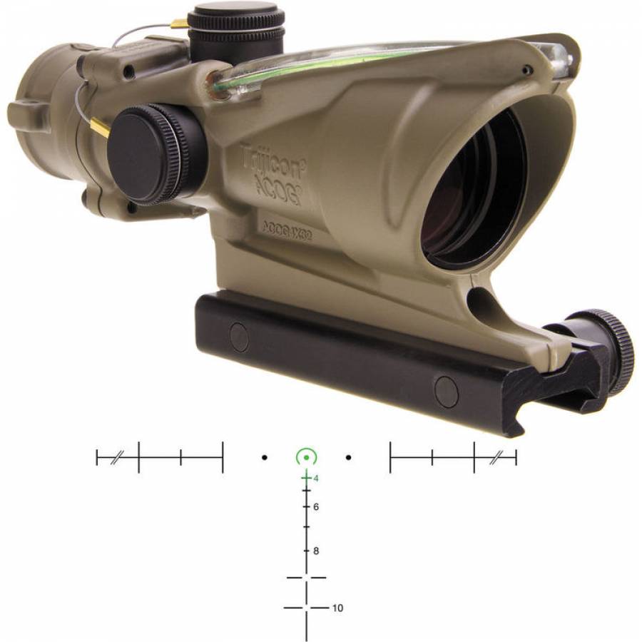 Trijicon 4x32 ACOG Riflescope with TA51 Mount, Trijicon 4x32 ACOG Riflescope with TA51 Mount (Green  Horseshoe/Dot Dual-Illuminated Reticle)
Forged 7075-T6 aircraft aluminum alloy housing
Carry Handle Compatible
Designed for use with standard M16/AR15 firearms with carry handles
Bindon Aiming Concept ensures a far superior sense of balance, and a wider field-of-view.
Combining these benefits with a magnified Trijicon sight gives you a considerable advantage over your target.
Self Illuminated Red Triangle Reticle Calibrated for 5.56x45 NATO
This red triangle reticle features dual illumination from Trijicon's proprietary tritium/fiber-optic technology.
During day or nighttime a brilliant red triangle floats over the top of a long narrow post.
Hash-marks upon the post provide hold-over points for long-range (800 m) target acquisition.
