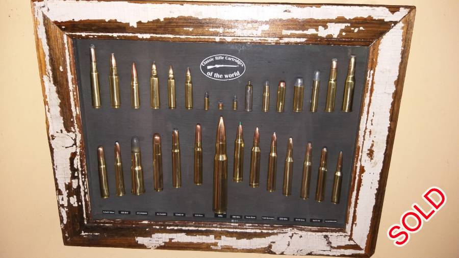 30x Classic rifle cartridge frame., 30x Classic rifle cartridge frame., 30x Classic rifle cartridge frame. All cartridges are deactivated, no permit required. From the diminutive .22 BB Cap up to the infamus .50 BMG as used in the legenday Barret sniper rifle. Kensington.   R1550.
