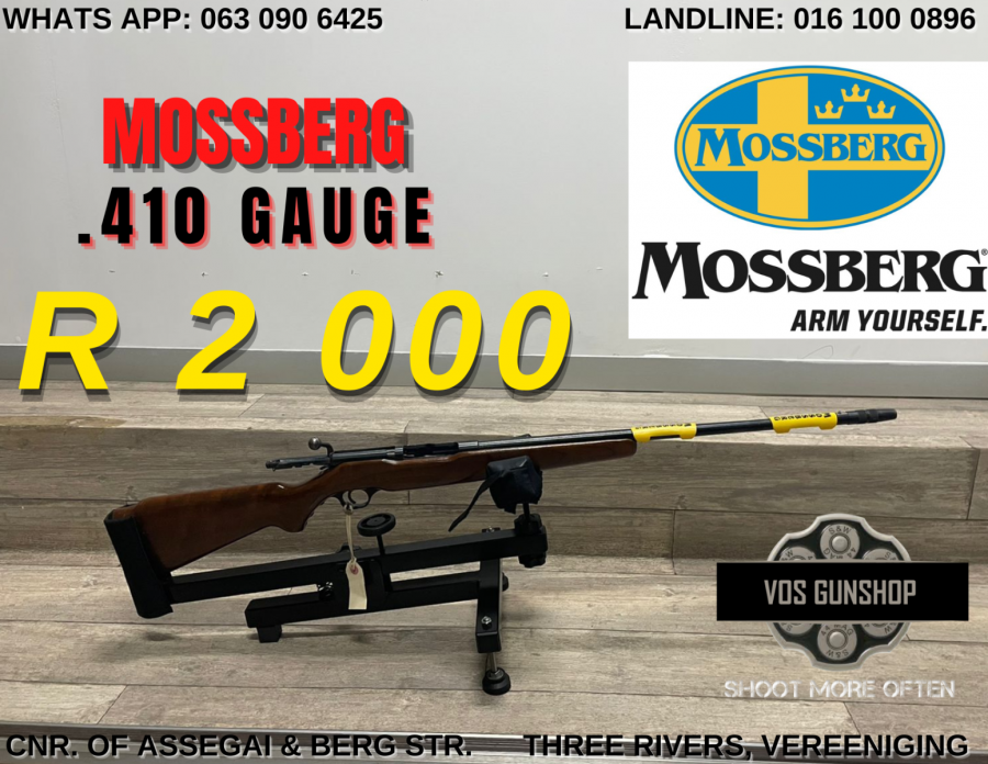MOSSBERG .410 BOLT ACTION SHOTGUN , Don't Miss out on this one of a kind MOSSBERG 410 GAUGE BOLT ACTION SHOTGUN with a threaded barrel. 

Feel Free to Visit the Shop, Call, Email or Whatsapp for further information