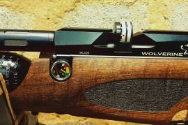 Daystate Wolverine PCP Air rifle, Daystate Wolverine PCP Air rifle in .20 (5.0mm) in a beautiful oiled Turkish walnut thumbhole stock by Minelli. Made in England. The Daystate Wolverine ticks all the right boxes and is a highly versatile rifle with the power and accuracy to handle anything you want it to do. It features a match grade Lothar Walther barrel for superb accuracy with upgraded Hugget (UK) shroud and Hugget silencer. Includes 3x full tins H&N pellets, magazine, single shot loader and bag. In excellent condition. R18000.
 